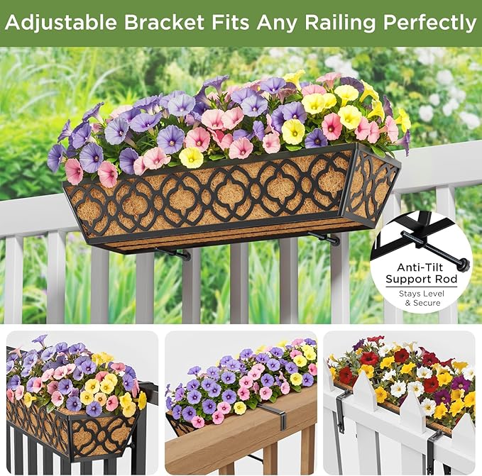 Y&M 6pcs 24 Inch Window Deck with Coco Liner, Fence Metal Hanging Flower Planter Window Basket Deck Railing Planter Boxes for Outdoor Garden Lawn