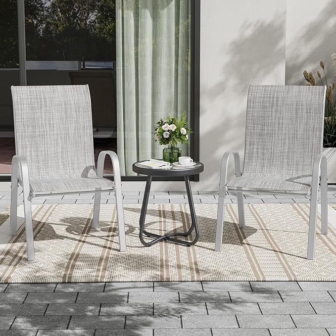 UDPATIO Patio Chairs Set of 2, Stackable Silver Outdoor Dining Chairs with High Back, Breathable Textilene Fabric Outdoor Chair All Weather, 350LBS Capacity for Garden, Backyard (Light Grey)