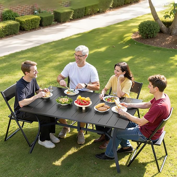 VEVOR Outdoor Patio Dining Table, 59 inch Long Rectangular Metal Steel Slat Backyard Bistro Tables for 4-6, with 1.5 in Umbrella Hole, All-Weather Large Furniture for Lawn Garden Porch, Black