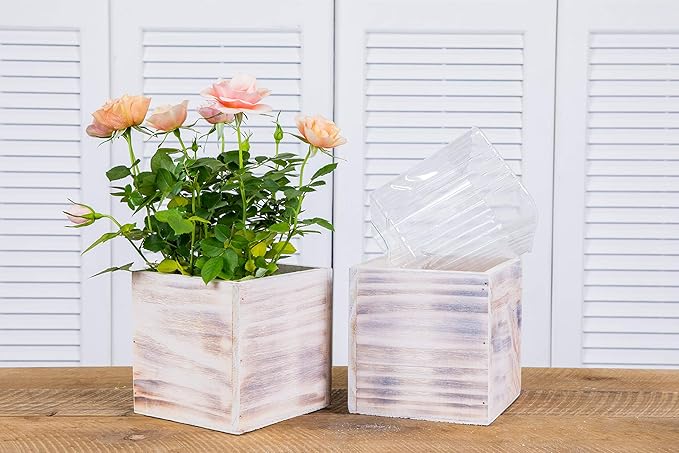 Wooden Planter Box l Rustic Barn Whitewash with Plastic Liner l Garden Decor l Restaurant and Wedding Decorations (6x6 Set of 2, Whitewash)