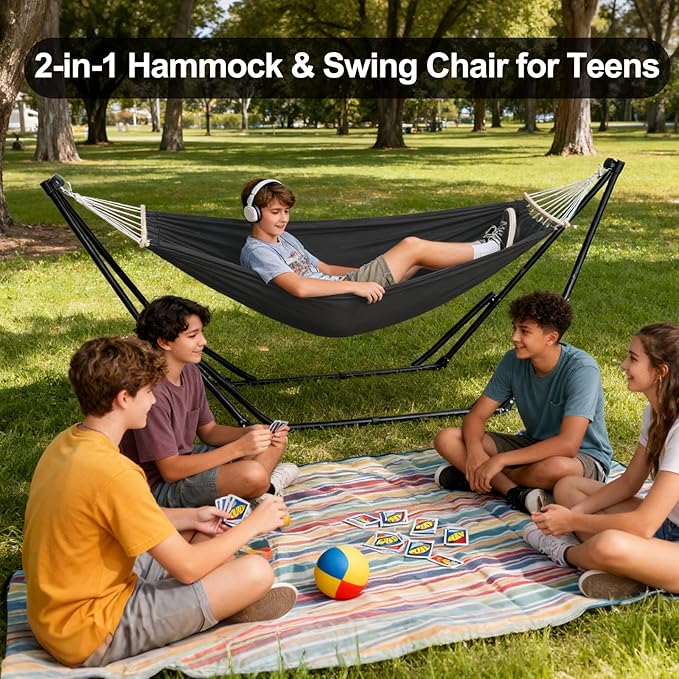 2-in-1 Hammock & Swing Chair for Teens – Adjustable Folding Chair with Collapsible Steel Stand, Portable for Camping, Travel, Patio & Indoor Use, Includes Carrying Case, Supports 440 LBS