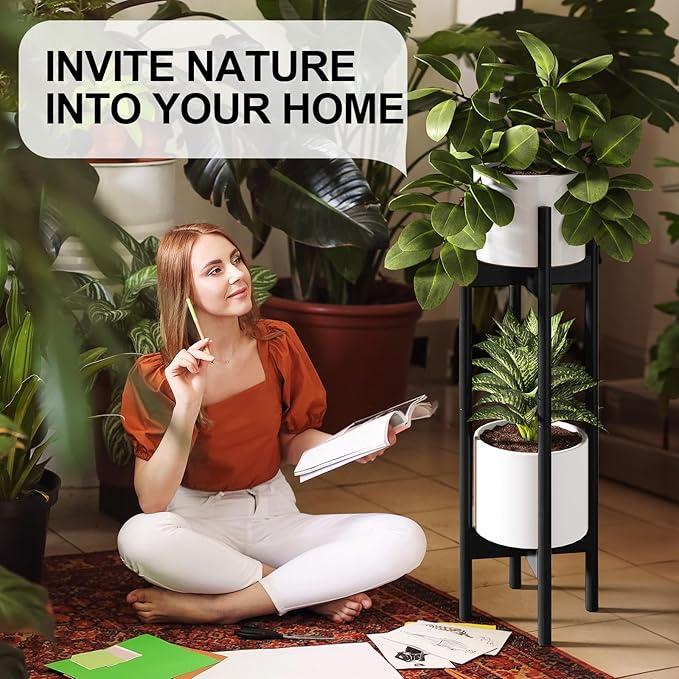 MUDEELA 2 Pack Indoor Plant Stands, 2 Tier Tall Plant Stand 30 inches, Mid Century Bamboo Plant Stand, Adjustable Width 8 - 12 inches, Fits Pot Size of 8 9 10 11 12 inches Pot & Plant Not Included, Black