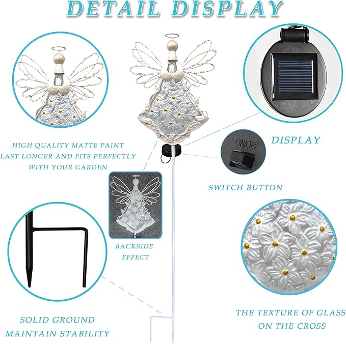 38Inch Angel Solar Lights Outdoor Decorative-Metal&Glass Angel Hydrangea Flower Garden Stake Lawn Light- Waterproof 30 Warm White LED for Remembrance Gifts & Grave Decorations (White)