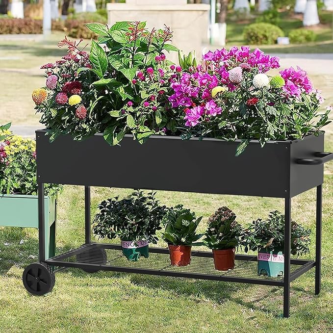 51 × 26 × 31.5 Inches Raised Garden Bed with Legs/Storage Shelf, Mobile Planter Box for Outdoor Plants, Elevated Garden Bed for Backyard, Balcony, Black
