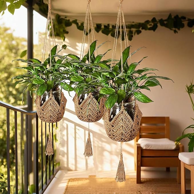 Shappy 3 Pack Jute Crochet Long Plant Hanger for 3 Inch to 12 Inch Pots, Macrame Plant Holder Rope with S Shaped Hooks for Halloween Home Decor (Brown)