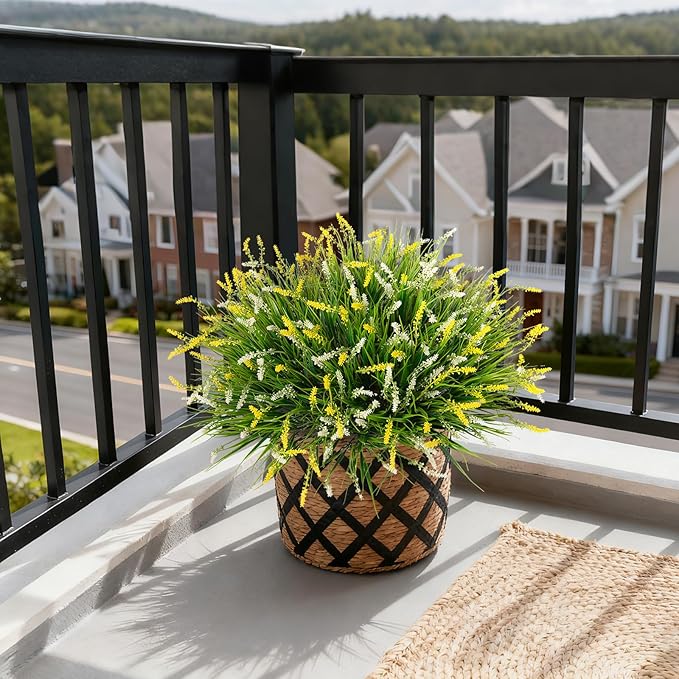 Artificial Faux Plants for Outdoor Spring Decoration, 12 Pcs Fake Monkey Grass for Garden Porch Balcony Planters, Fake Flowers Shrubs UV Resistant No Fade Plants Greenery Bush(Yellow White)