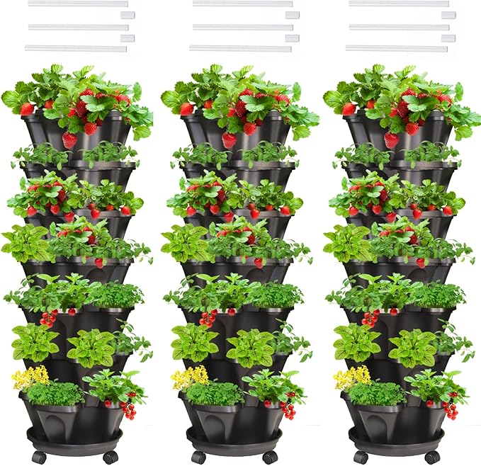Strawberry Vertical Planters Tower Garden 3 Pack, 7 Tiered Stacking Herb Vegetable Planter with Support Pole Indoor and Outdoor - Black