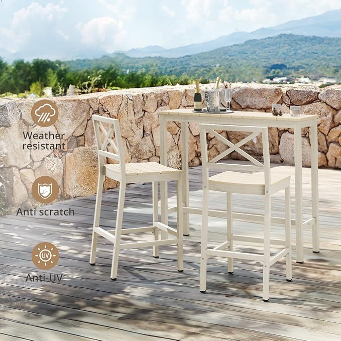 Outdoor Bar Table, 45" Patio Bar Height Counter Console Table, Waterproof HDPS Slatted Top, Weather Resistant, Hot Tub, Balcony, Yard, Indoor or Outdoor Use, Sand
