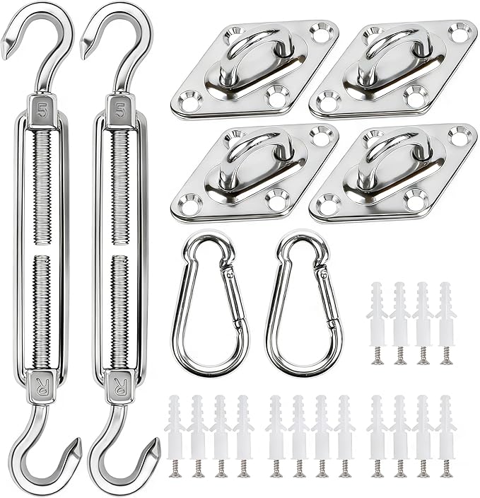 YOFIT 40 Pcs Shade Sail Hardware Kit, 5 Inch Outdoor Sun Sail Accessories, 304 Stainless Steel Turnbuckles & Brackets for Triangle/Rectangle Sails, Patio Canopy Installation Hardware Set Waterproof