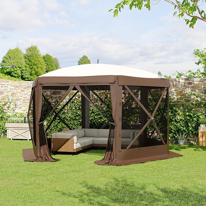 11.5x11.5FT 6-Sided Pop Up Gazebo Tent，One-Push Setup Canopy Tent with Mesh Panels & Removable Wind Cloths, Outdoor shelter for Camping, Backyard Parties, Outdoor Events - Beige & Khaki