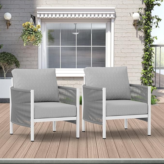 Aluminum Outdoor Sofa Armchair, HDPE Rope Patio Couch with Washable Thick Cushion, All-Weather Outdoor Patio Chairs Set of 2 for Balcony, Yard, White Frame, White