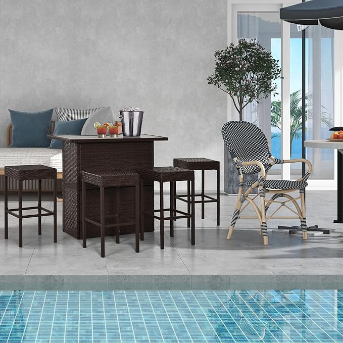 Outsunny 5 Pcs Rattan Wicker Bar Set, High Top Outdoor Table and Chairs, Bar Height Patio Set with Glass Table Top 2 Tier Storage Shelf, and 4 Bar Stools for Garden, Poolside, Dark Brown
