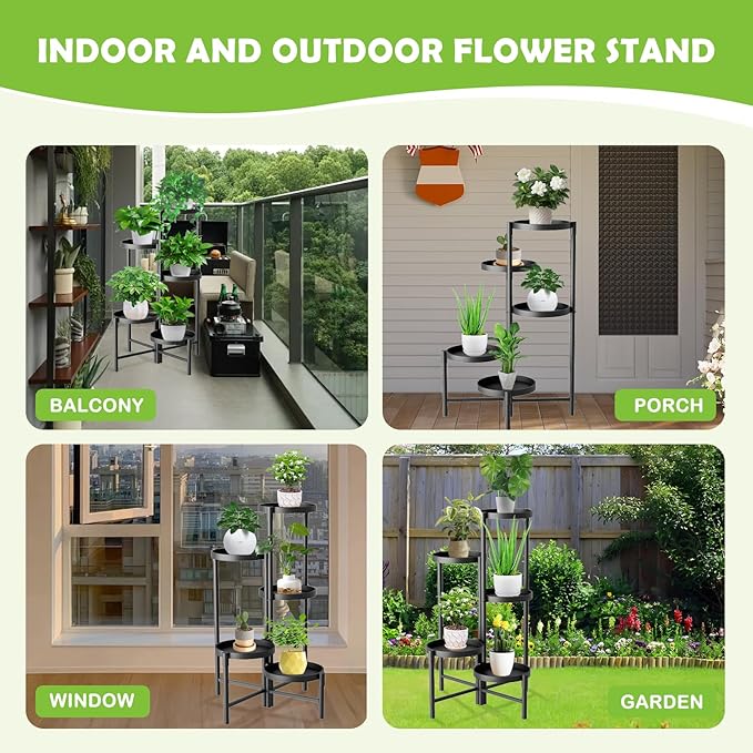 5 Tier Heavy Duty Metal Plant Stand for Indoor & Outdoor Use, Foldable Tall Corner Plant Shelf, Black Flower Pot Holder & Display Rack for Living Room, Balcony, Garden, & Patio