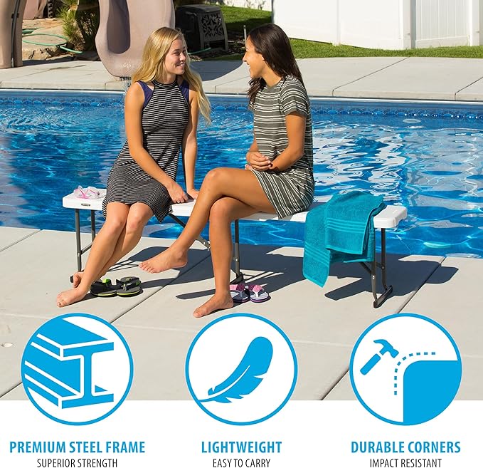 LIFETIME Portable Folding Bench, 6‑Foot Fold‑in‑Half, UV‑Resistant Seat, Powder‑Coated Steel Frame, Lightweight, Stain‑Resistant, Non‑Marring Foot Caps, Indoor/Outdoor Portable Seating