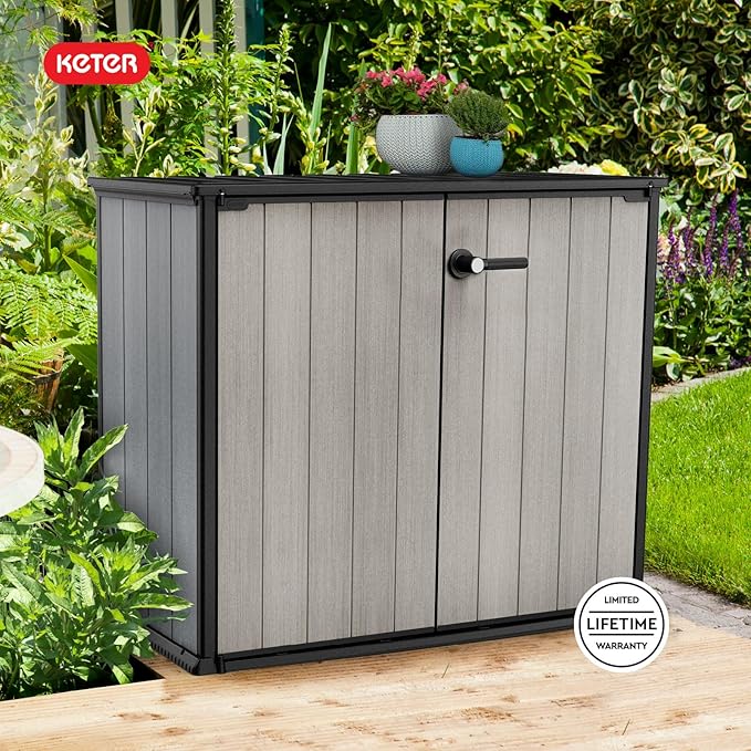Keter Patio Store 4.6 x 4.0 ft. Resin Outdoor Storage Shed with Paintable and Drillable Walls for Customization-Perfect for Yard Tools and Pool Toys, Grey