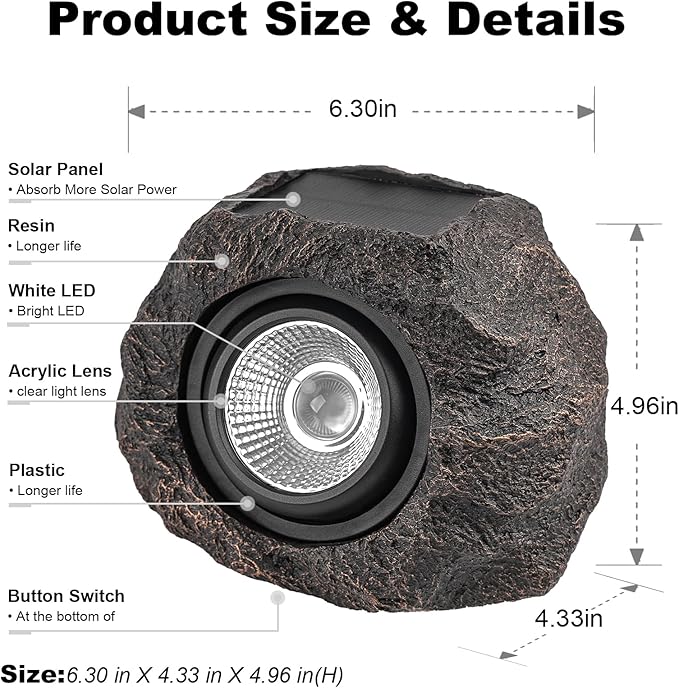 Solar Rock Lights Outdoor Garden Waterproof - Super Bright LED Solar Spotlights, Solar Powered Landscape Path Decorative Garden Stone Lights for Pathway, Walkway, Yard, Patio (4 Pack)