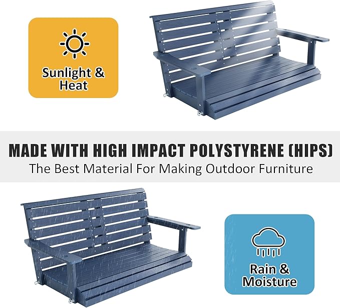 Poly Lumber 2-Seat Porch Swing, HIPS 4.5-Feet Bench Swing with Foldable Cup Holders,18/8 Stainless Steel Hardware, High Backrest and Deep Contoured Seat (Navy Blue, 4.5-feet)