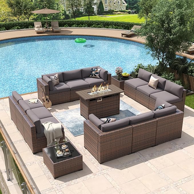 Aoxun 15 Piece Patio Furniture Set with 44” Fire Pit Table Wicker Rattan Outdoor Sectional Sofa Set with Coffee Table and Thickened Cushions, Grey (Waterproof Cover Included)
