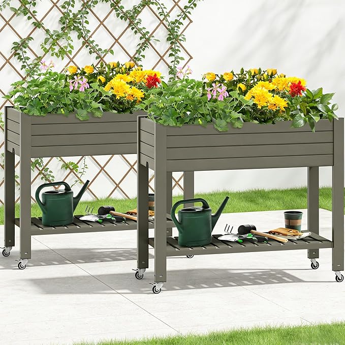 YITAHOME 43.3x17.7x34 in Elevated Garden Bed 2pcs, Outdoor Plastic Planter Box with Wheels, Legs, Drain Plug, and Storage Shelf for Plants, Vegetables, Flowers, Herbs, Light Brown