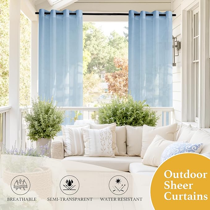 RYB HOME Sheer Curtains Outdoor - Linen Look Translucent Drapes Waterproof, Light Filtering Quick Dry Sheers for Exterior Patio Porch Wedding, 54" Wide by 96" Long, 2 Panels, Navy Blue