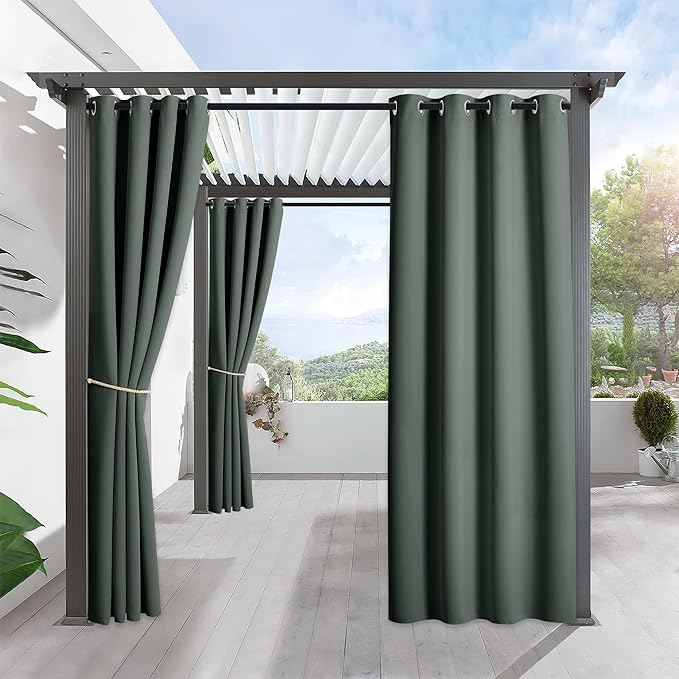 RYB HOME Outdoor Curtains for Patio Waterproof Block Sunlight Thermal Insulated Privacy Assured Thick Outside Curtains for Pergola, Deck, Gazebo, W52 x L90, Dark Green, 1 Panel