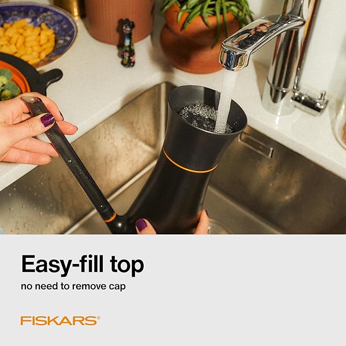 Fiskars Indoor Watering Can, Long Reach Spout for Precision Hydration on Houseplants, Anti-Drip Nozzle with Translucent Volume Markings, Ergonomic Recycled Plastic Body, 40 oz, Black