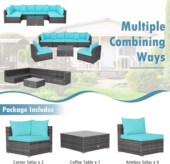 Tangkula 7 Pieces Wicker Patio Furniture Set, All-Weather Outdoor Rattan Sectional Sofa Set with Cushions & Tempered Glass Coffee Table, Outside Sofa Set for Garden, Lawn, Deck, Backyard (Turquoise)