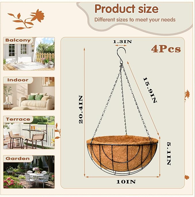 Metal Hanging Baskets for Plants Outdoor 4 Pack Round Metal Wire Hanging Basket Planter (Grid, 10 Inch)
