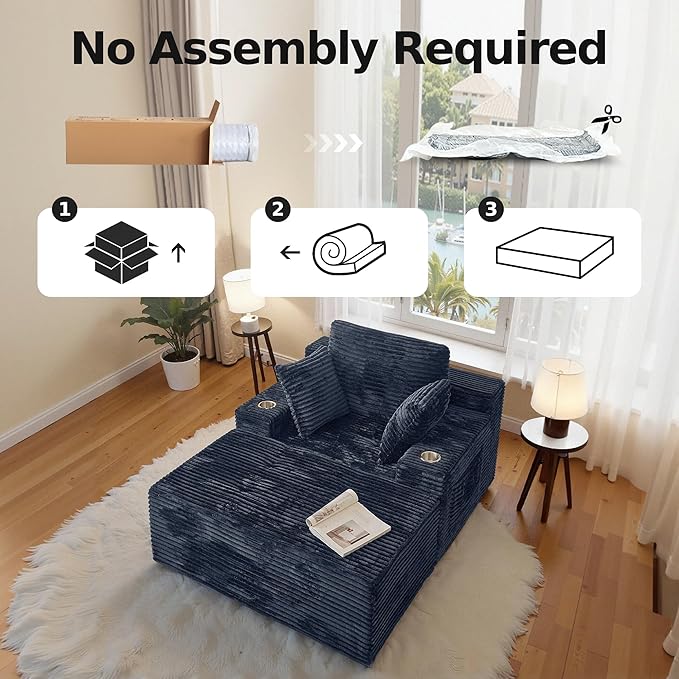 CHORRO67 Chaise Lounge Chair Indoor,Oversized Boneless Single Sleeeper Couch Bed,Corduroy Cloud Sofa with 3 Soft Pillows for Livingroom,Bedroom,No Assembly (Grey)