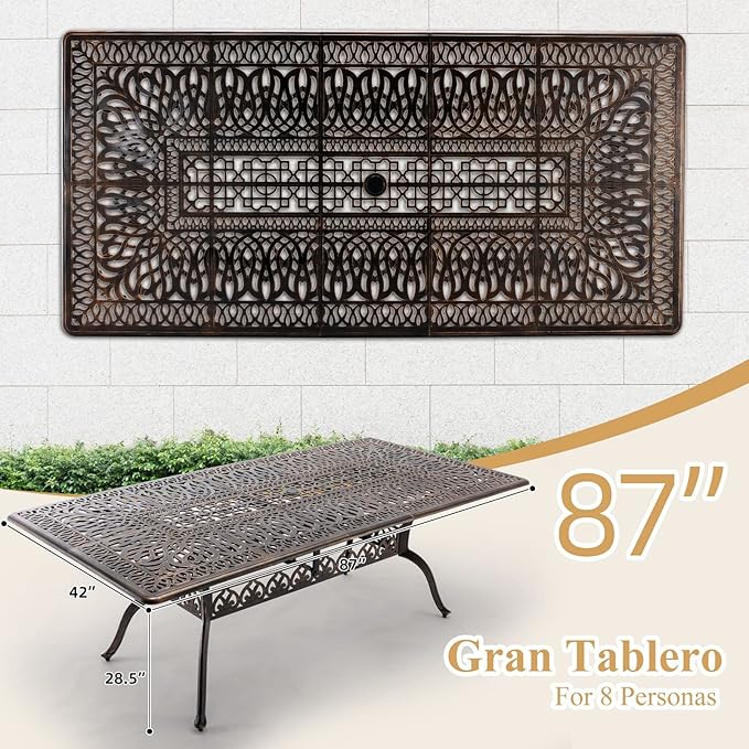 Outdoor Patio Dining Table - All-Weather Cast Aluminum 87" x 28.5“ Patio Rectangular Table with 2" Umbrella Hole for Balcony Lawn Garden Backyard