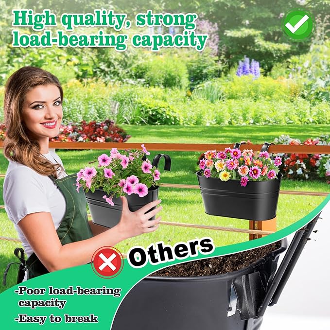 MADHOLLY Railing Planter with Drainage Holes - Sturdy Bucket Pots for Railing Fence, Countryside Style Metal Flower Pots for Herbs Balcony Garden Yard Decor, 4Pcs, Black