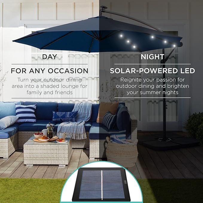 Best Choice Products 10ft Solar LED Offset Cantilever Hanging Market Patio Umbrella, 8 Sturdy Ribs, Easy Adjustment - Navy Blue