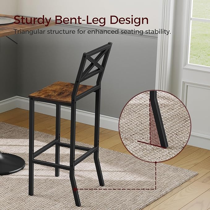 Bar Stools, Set of 2 Bar Chairs with Backrest and Footrest, 26" Tall Counter Bar Stools, Kitchen Breakfast Bar Chairs, Easy Assembly, for Dining Room, Rustic Brown BAHR0901N1