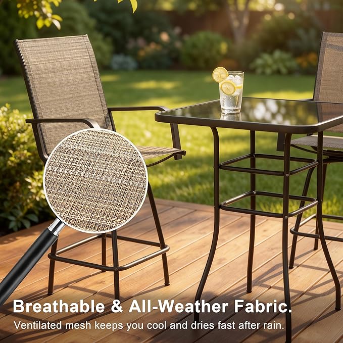 Homall 3 Piece Outdoor Patio Swivel Bar Stools Set, High Top Table with 2 Textilene Fabric Chairs, Counter Height Bistro Furniture for Balcony, Backyard, Poolside, Brown