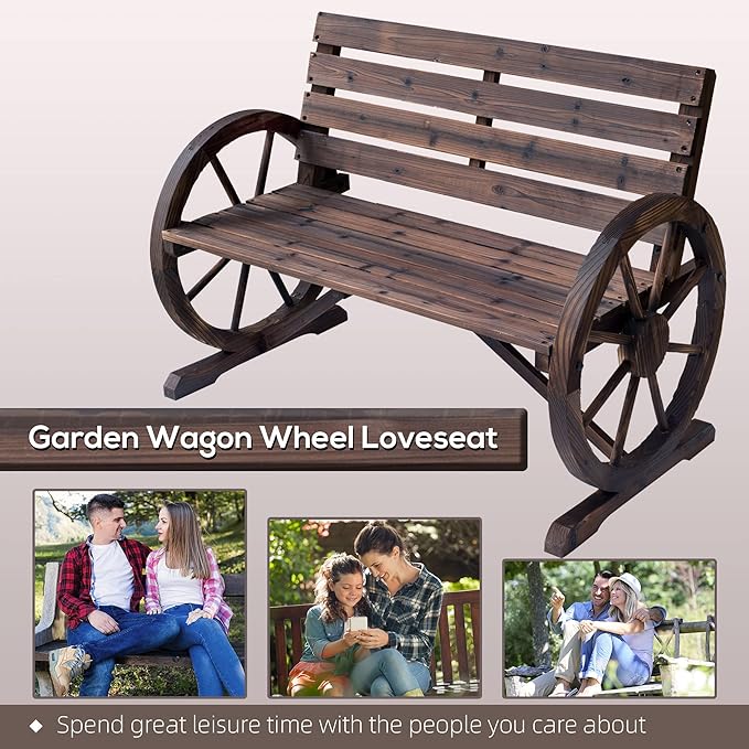 Outsunny 41" Wooden Wagon Wheel Bench, Rustic Outdoor Patio Weather Resistance Furniture, 2-Person Slatted Seat Bench with Backrest, Carbonized