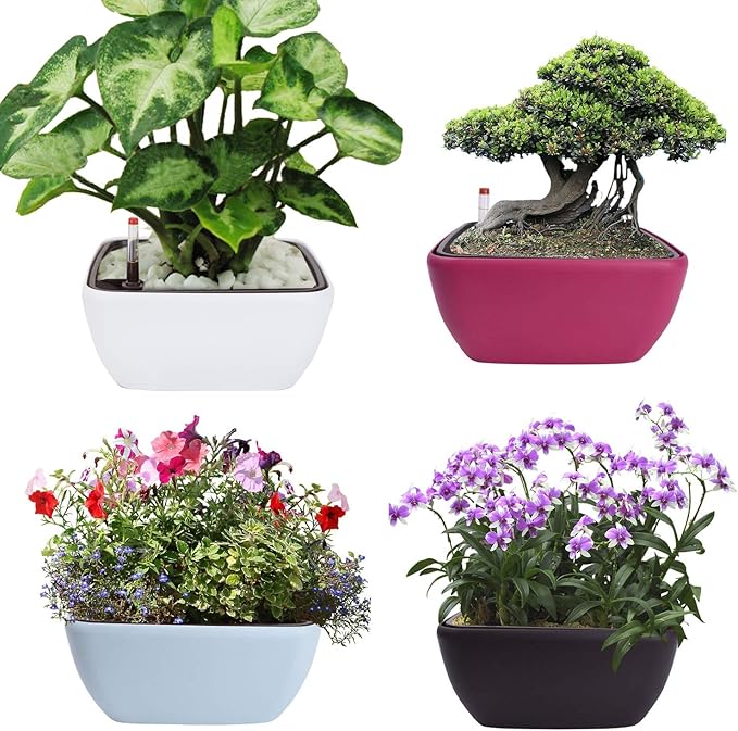 Vencer 10.8 Inch Plastic Square Self Watering Planter,Water Indicator,Modern Decorative Planter Pot for All House Plants Flowers,Herbs,Vegetables,Tropical,White,VF-049