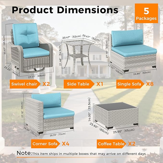 14-Seat Modern Patio Furniture Set with Swivel Rocking Chairs, Thick 4″ Cushions, Dual-Strand Wicker Rattan, Rust-Resistant Steel Frame – Outdoor Conversation & Modular Sectional,Blue