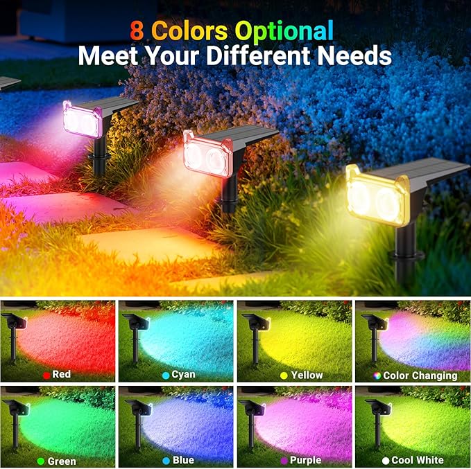 WdtPro Solar Color Changing Spot Lights, 8 Lighting Modes Solar Lights Outdoor Waterproof, Multicolor RGB Outdoor Light, 7 Colors Auto Cycling Landscape Spolights for Yard Garden Decoration, 6 Pack