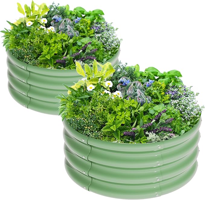 2Pcs 2X2X1ft Round Raised Garden Bed Kit,Galvanized Raised Garden Beds Outdoor, Metal Planter Box Steel Kit Flower Herb,Vegetables..Grass Green