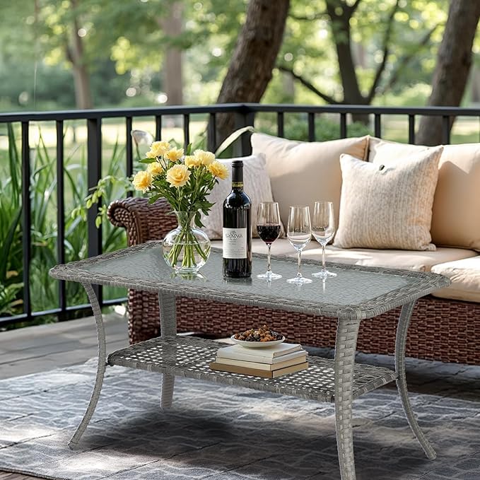 VINGLI Outdoor Coffee Table with Storage Wicker Patio Coffee Table, Tempered Glass Top Coffee Table for Patio Outside Balcony Porch Deck (Grey)