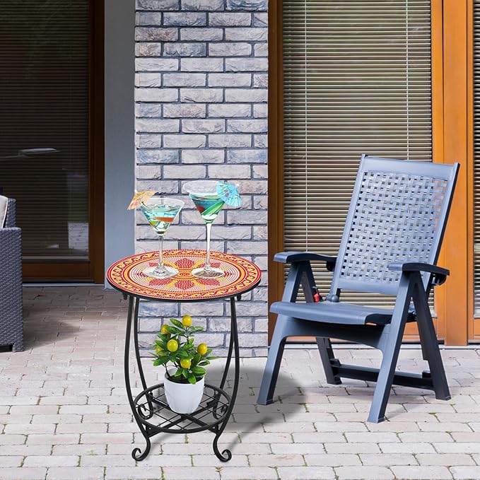 Outdoor Side Table Round Small Mosaic Patio Accent Indoor End Plant Coffee Tea Table for Yard Patio Porch Garden Living Room, Bedroom(Mandala B Style,14 Inch)