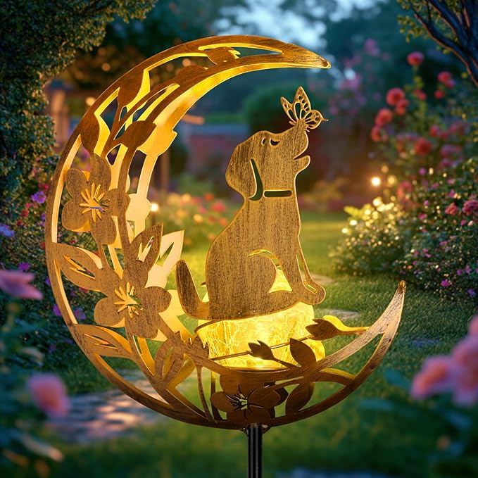JOBOSI Solar Moon Dog Decorative Light Gifts, Solar Moon Dog Moving Decorative Ground Stake Light, Gift for Women Mom Grandma, Garden Lawn Decor Christmas & New Year Gift