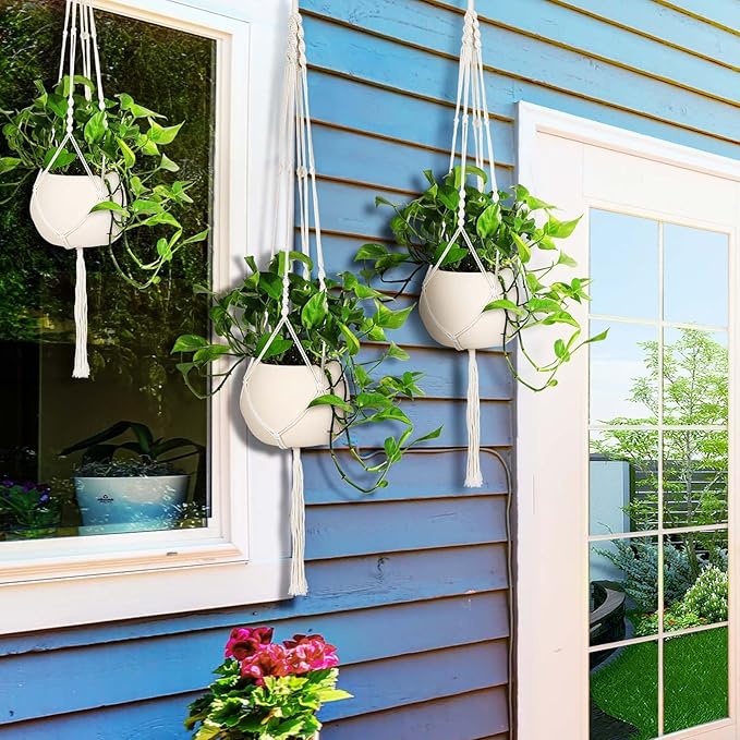 MIPON 3 Pack Macrame Plant Hanger Indoor Hanging Planter Holder with 3 Hooks, 46"/41"/34" Size for Boho Home Decor, Ivory (Pots Not Included)