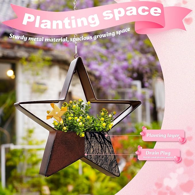 Metal Plant Hangers Indoor and Outdoor for Mom Women Her Wife Garden Lovers Birthday - Star Shape Hanging Planters for Window Wall Living Room Office Decor(Rustic)