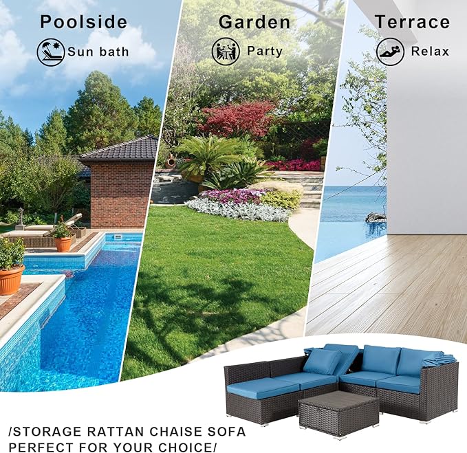 HOMREST 6 Pieces Patio Furniture Sets, Rattan Daybed with Retractable Canopy, Outdoor Sectional Sofa Set with Adjustable Backrest, Chaise Chair Sunbed for Garden Poolside Backyard (Blue)
