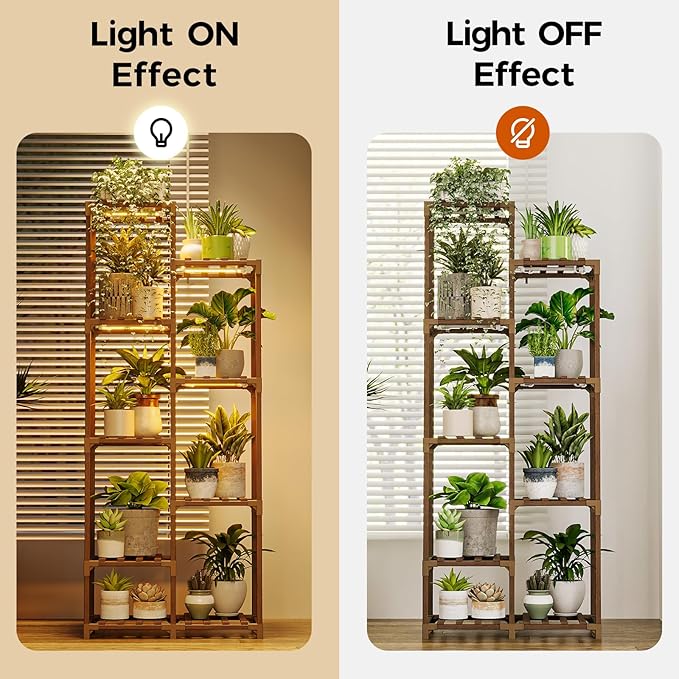 Bamworld Plant Stand with Grow Light Tall Plant Shelf for Mutiple Pots Large Wood Plant Holder Rack for Patio Living Room Balcony Warm Light