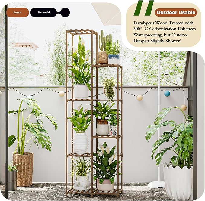 Bamworld Tall Plant Stand Indoor Corner Outdoor Plant Shelf Wood Plant Holder for Multiple Plants Flower Stands Plants Rack Living Room Garden Patio Lawn Window, Brown