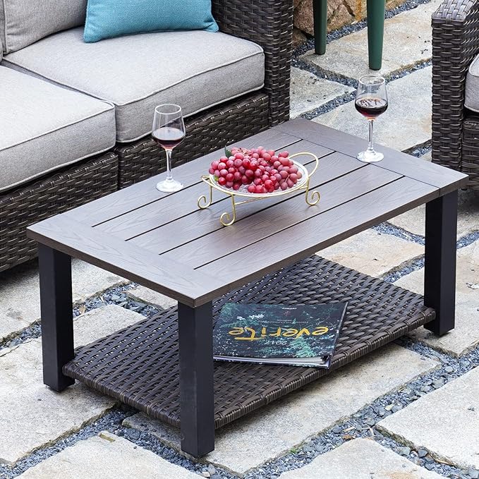 Grand patio Outdoor Coffee Table with Wicker Shelf Storage, 40-inch Rectangle Modern Patio Coffee Table with Faux Wood Tabletop, Fits with Outdoor Conversation Set