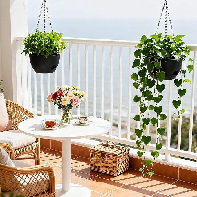 8 Inch Hanging Planters for Indoor Outdoor Plants, 4 Pack Black Plastic Self Watering Hanging Baskets with Drainage Holes and Chain for Garden Porch