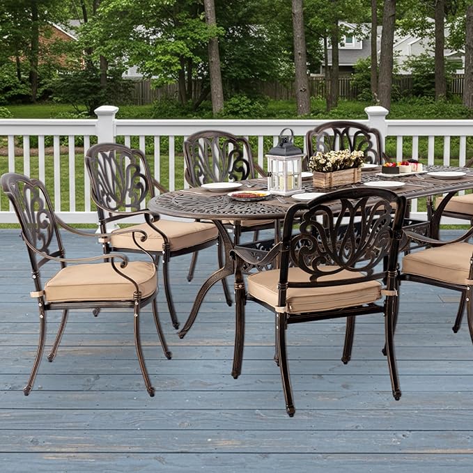 9-Piece Cast Aluminum Patio Furniture, Outdoor Dining Sets for 8 Include 87" Oval Patio Dining Table and 8 Stackable Chairs with Cushions & Umbrella Hole (Bronze)